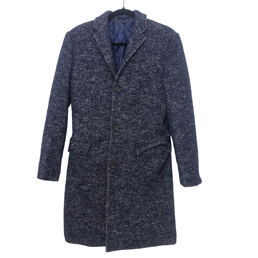 J.Crew Thompson Navy Herringbone Wool Blend Quilted Lining Topcoat 34 Preppy